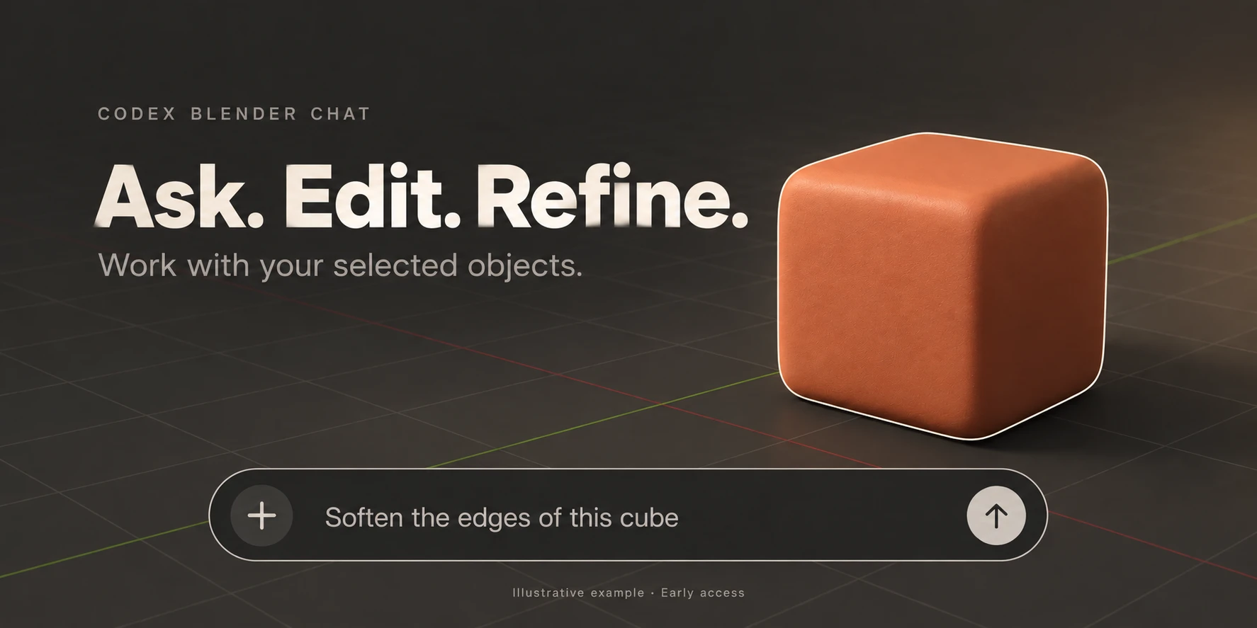 Ask. Edit. Refine. A chat bar asks to soften the edges of a cube.