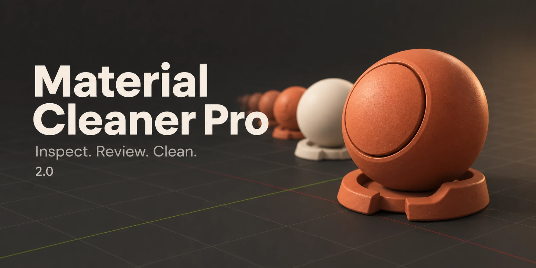 Material Cleaner Pro cover: a large clay shader ball with smaller duplicates fading behind it.