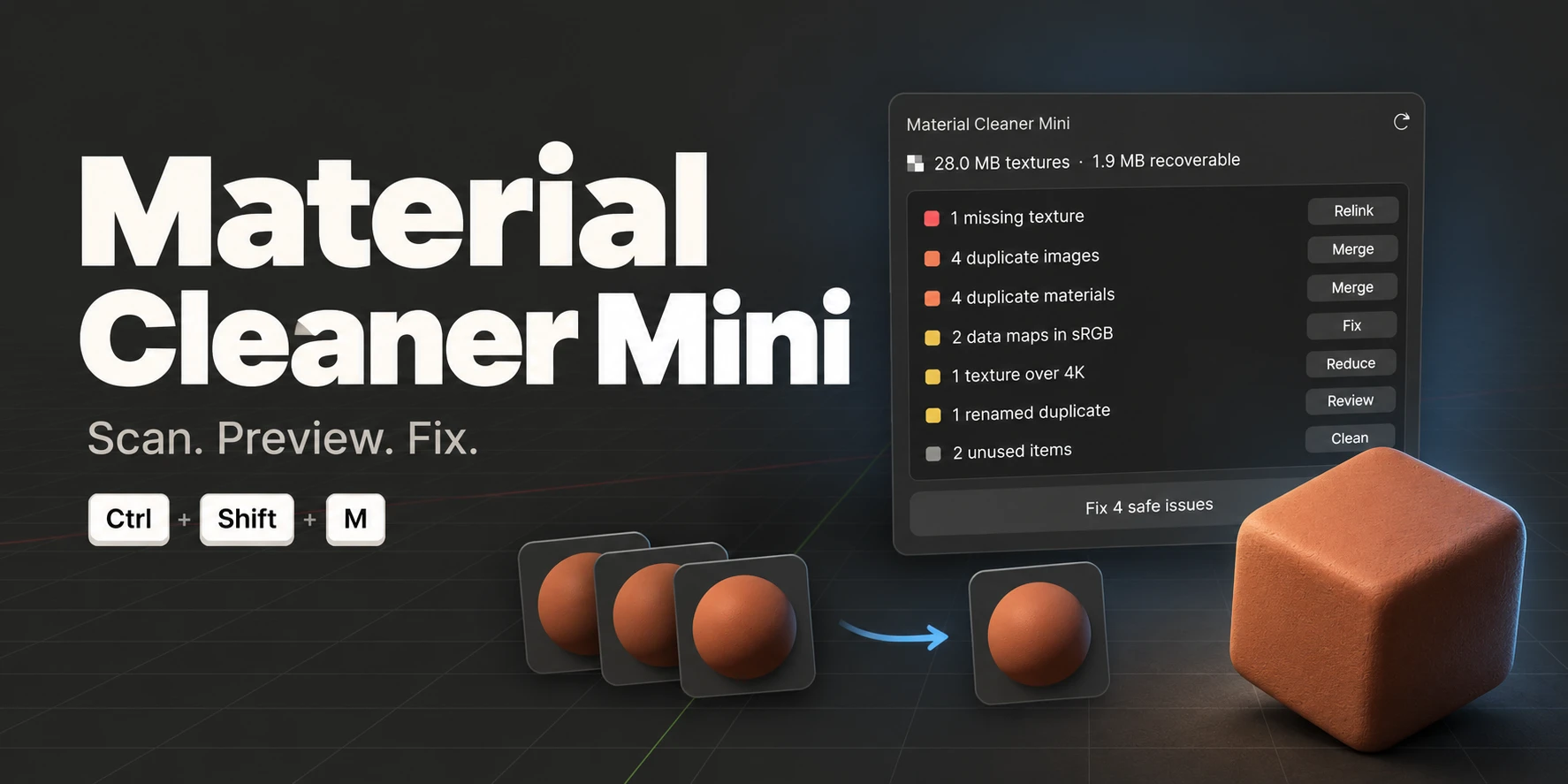 Material Cleaner Mini popup with seven findings.